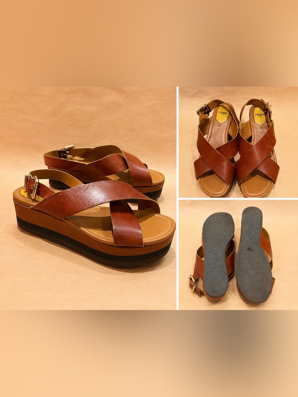 Fendi Brown Leather Crisscross Platform Sandals